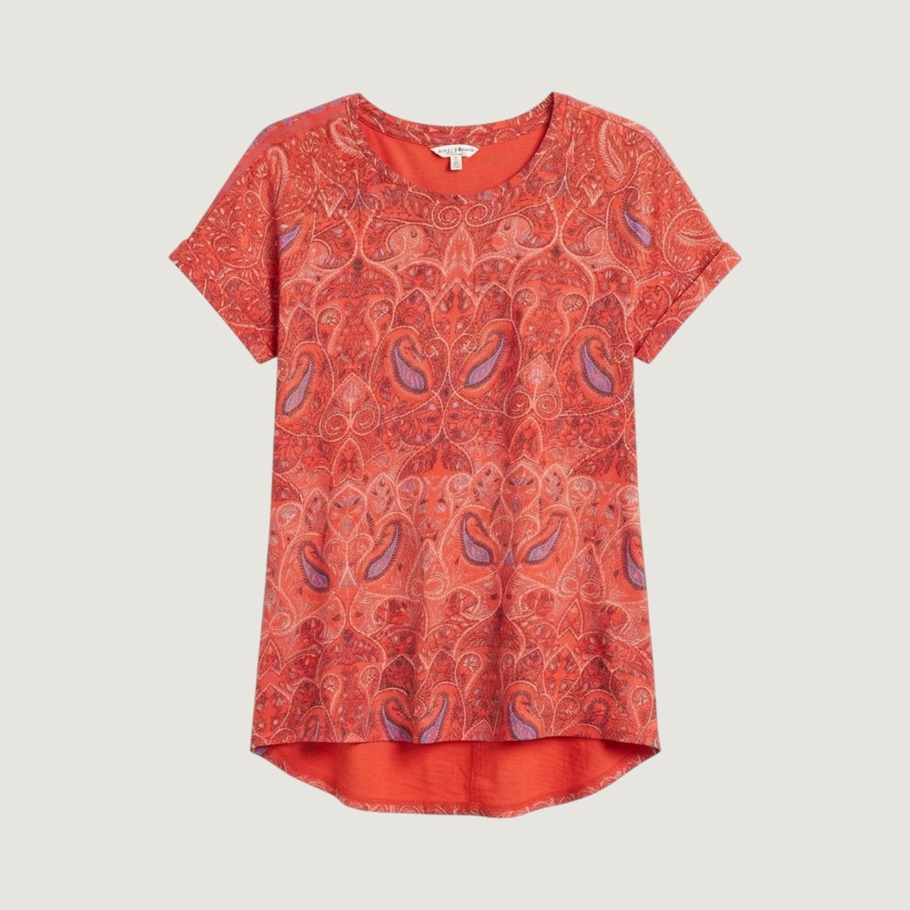 Lucky Brand Womens 1X Red Paisley Print Split Back Short Sleeve Cotton Modal Top